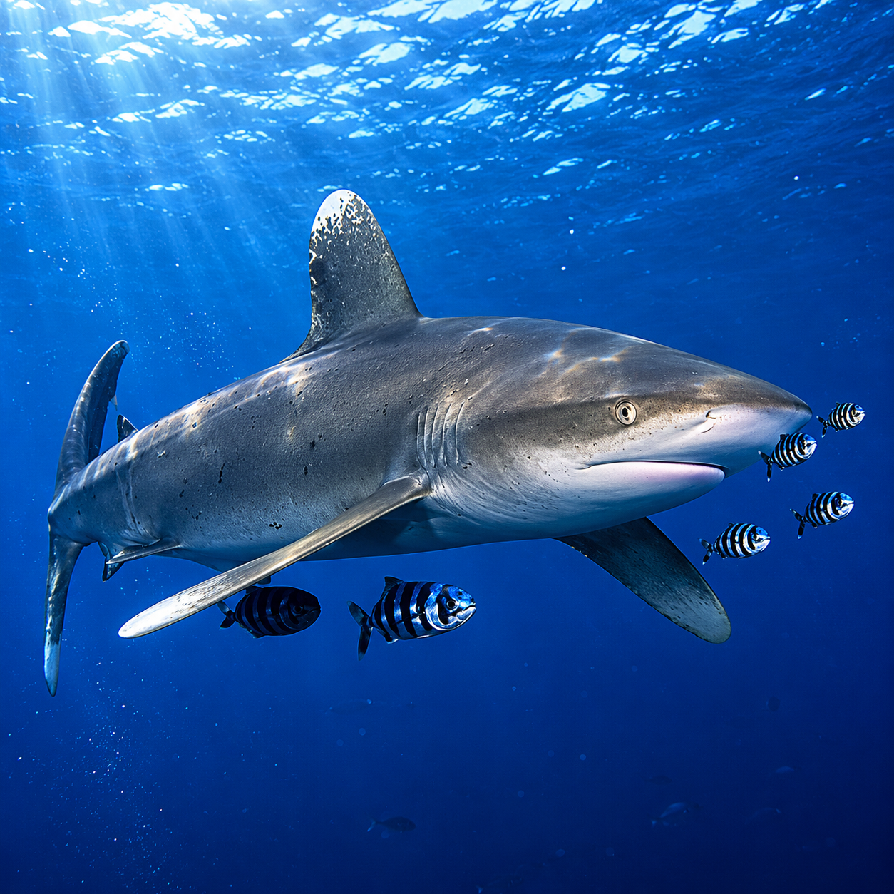 Requin longimanus glissant dans l'eau turquoise symbolisant la fluidité et le lâcher-prise du bien-être aquatique