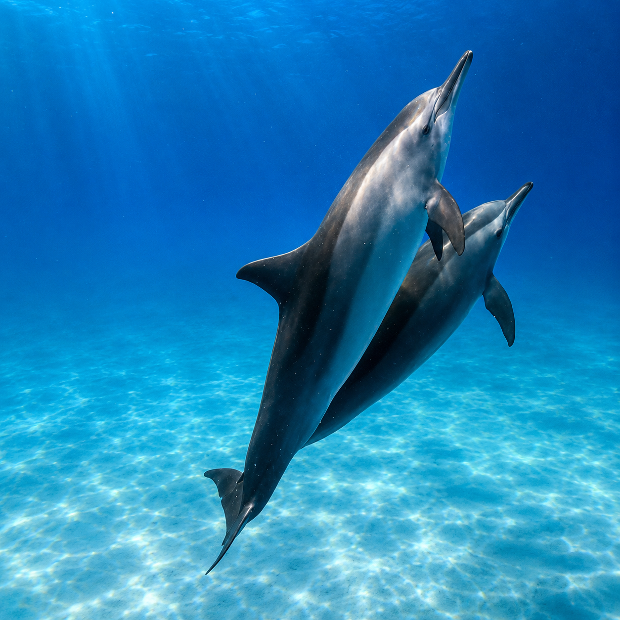 Deux dauphins nagent en harmonie dans une eau turquoise cristalline, incarnant la fluidité aquatique