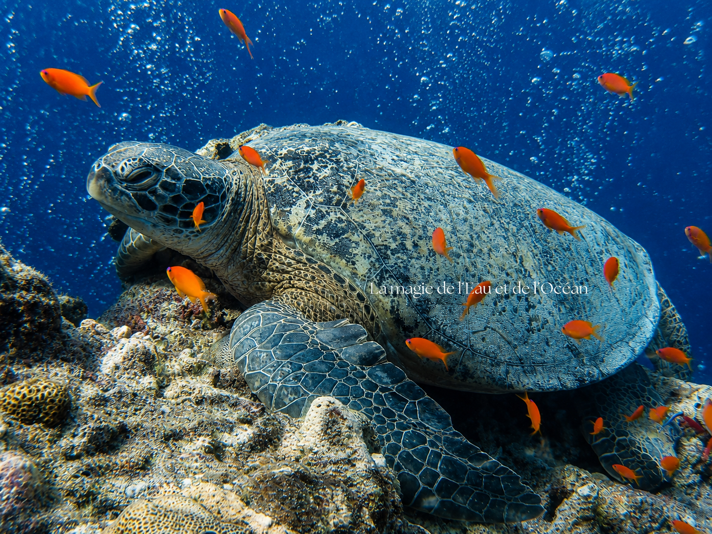 tortue marine, tortue verte sur un récif de corail symbolisant la longévité, la persévérance, la patience