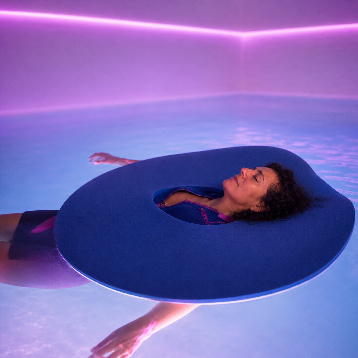 Femme relaxée flottant dans l'eau bleue et accessoires de massage terre pour atelier sophrologie aquatique Bastia