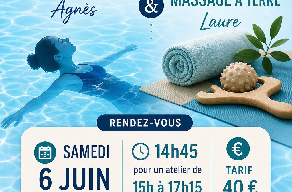 Affiche évènement sophrologie dans l'eau et MAasage. Séance d’accompagnement avec Agnès Ferrand, éducatrice spécialisée et sportive en exercice libéral, entreprise individuelle, en sophrologie aquatique, massage dans l'eau, Janzu, relaxation aquatique, méditation dans l'eau, plongée sous-marine. Lieux de pratique dans l’eau : piscine, mer. En cabinet privé : sophrologie, coaching, EFT. Bienfaits : bien-être, gestion des émotions, gestion de l'énergie, du stress, des traumatismes, des tensions et douleurs corporelles. Accompagnement inspiré par la symbolique de la vie aquatique, de la faune et de la flore marine, pour inspirer notre vie quotidienne. Objectif : soutenir les personnes dans leur autonomie et leur mieux-être.