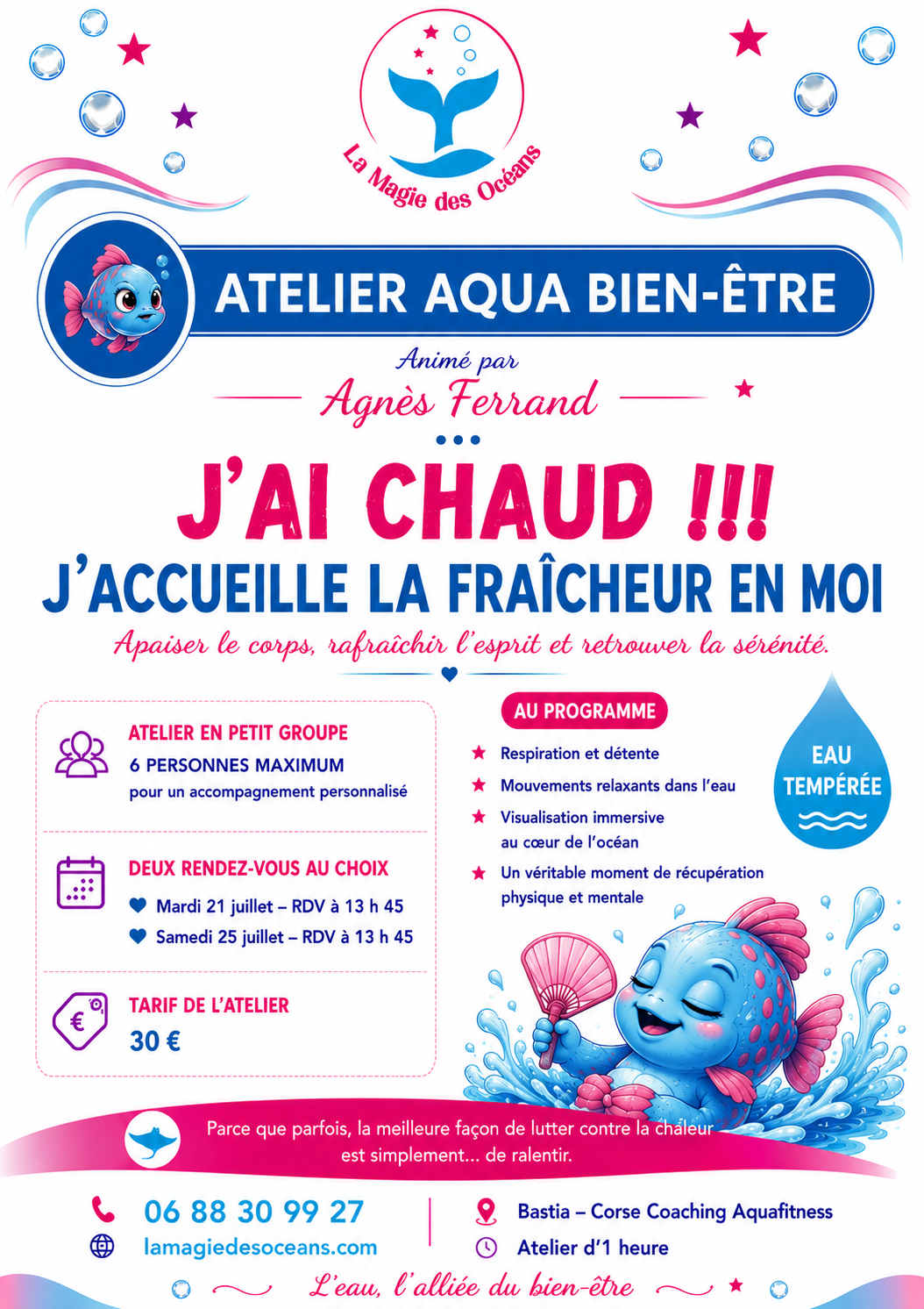 Femme relaxée flottant dans l'eau bleue et accessoires de massage terre pour atelier sophrologie aquatique Bastia