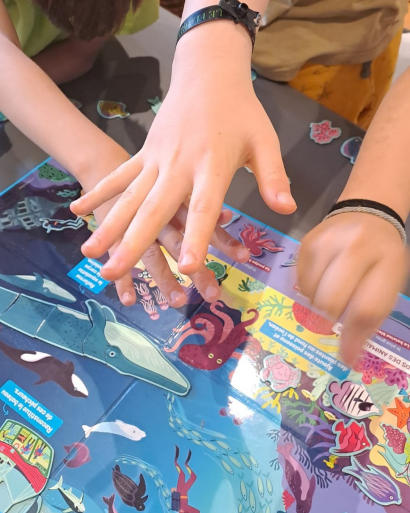 photo de mains d'enfants qui jouent a un jeu sur les animaux marins